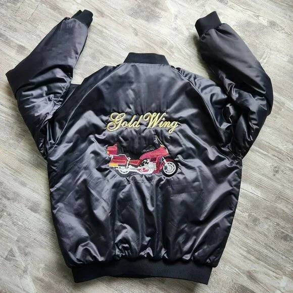 Vintage 90s Black Satin Bomber Jacket Moto Goldwing Graphic NAME Cardinal XL - Picture 11 of 13